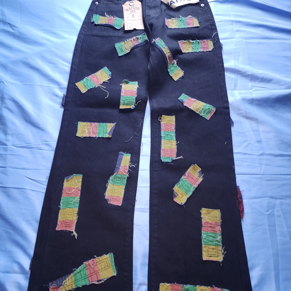 WATSON MEN'S DENIM JEANS BLACK ALL OVER FRAYED PATCHWORK SIZE 30W/32L NEW!!!!